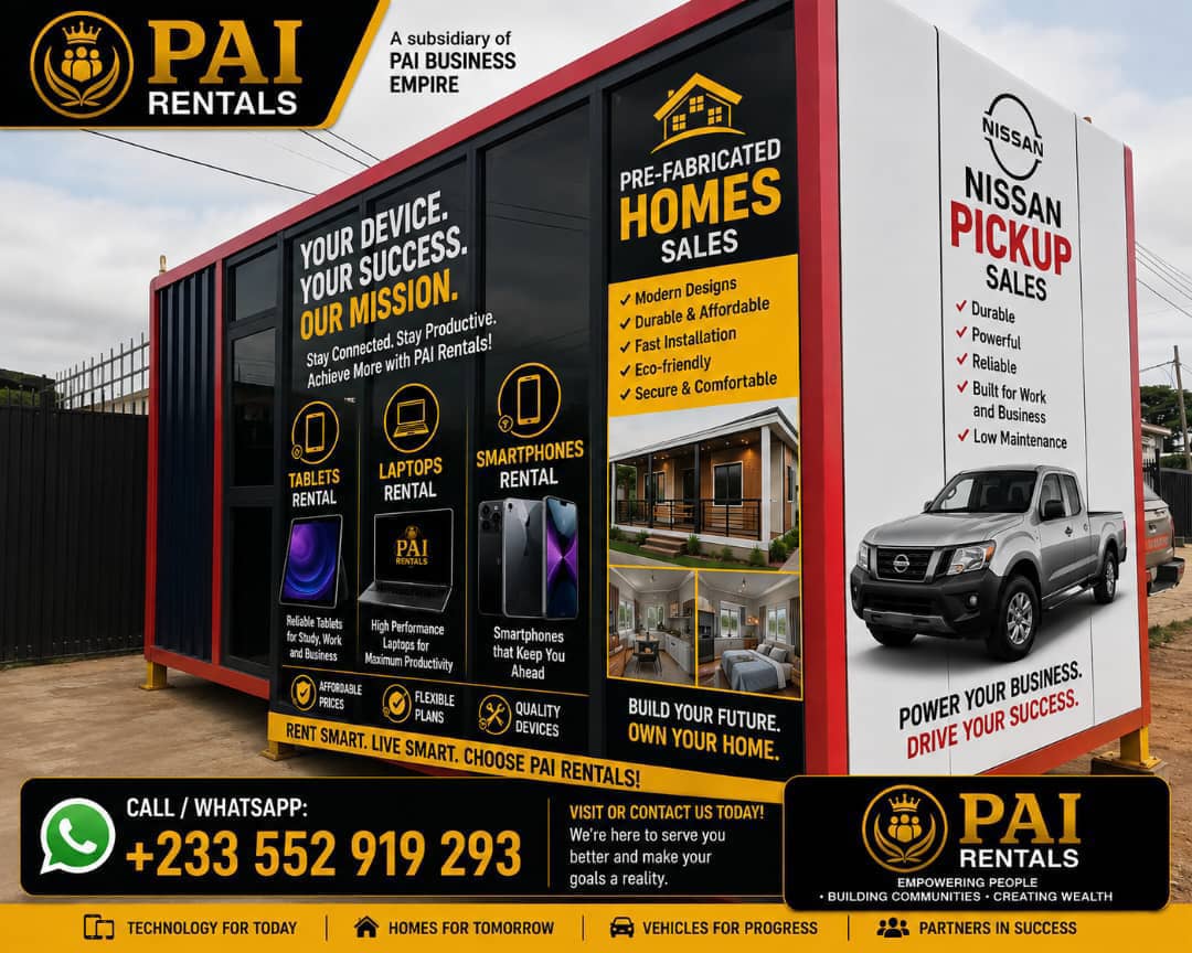 PAI Rentals ecosystem kiosk — device rentals, pre-fabricated homes, and Nissan pickup sales