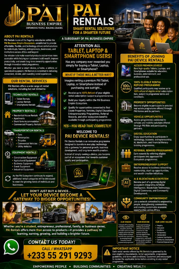 PAI Rentals flyer showing rental services, PAI Device Rentals programme and member benefits