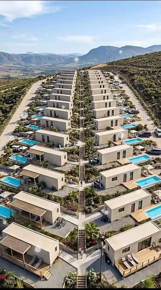 Modern estate of mobile homes with private pools and landscaped walkways