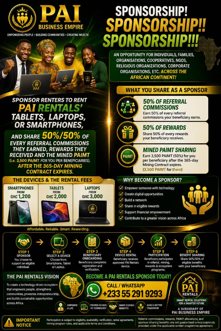 PAI Rentals Sponsorship flyer: sponsor renters and share 50/50 of referral commissions, rewards and mined PAIMT